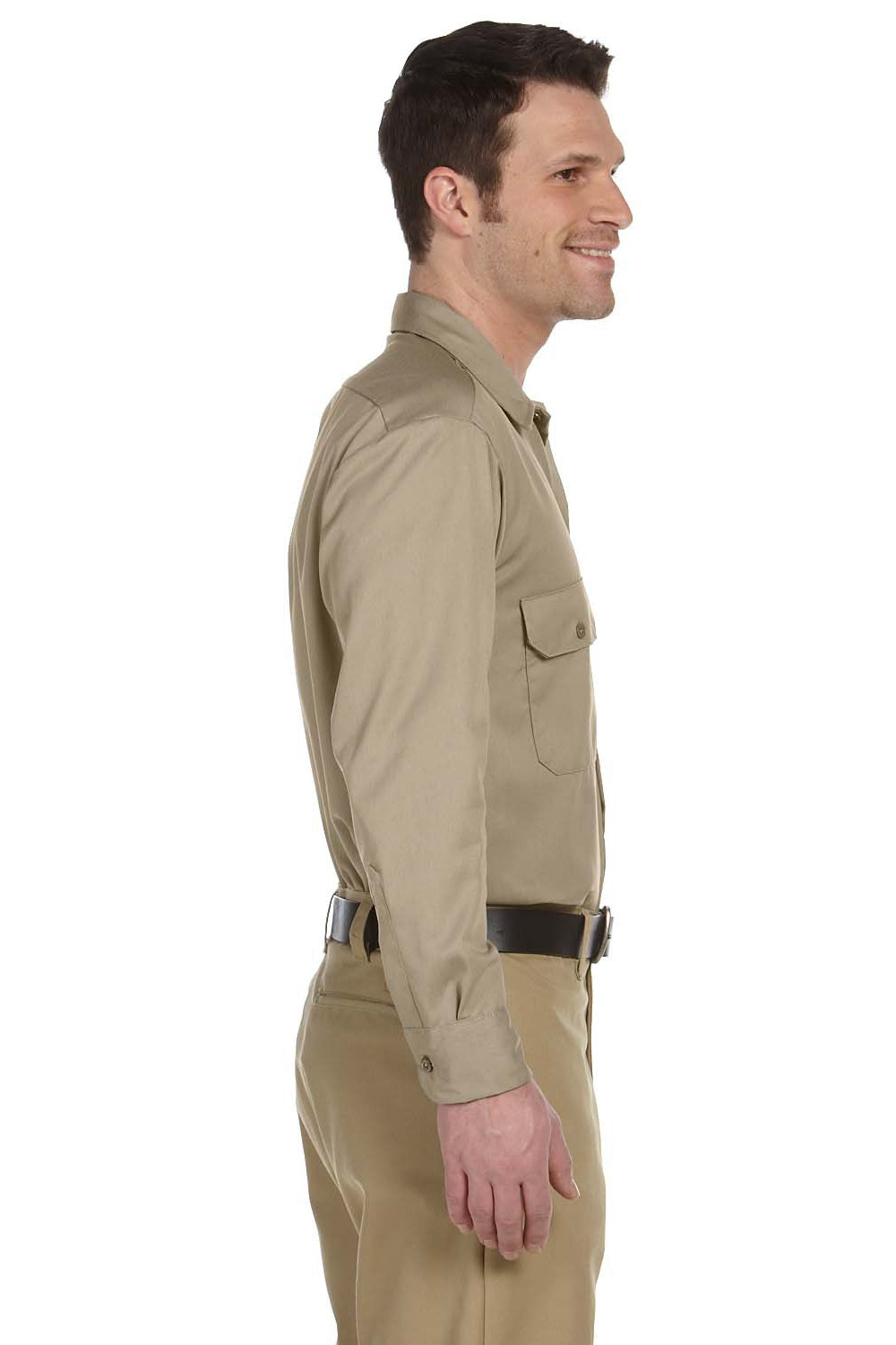 Dickies 574 Mens Moisture Wicking Long Sleeve Button Down Shirt w/ Double Pockets Khaki Brown Side