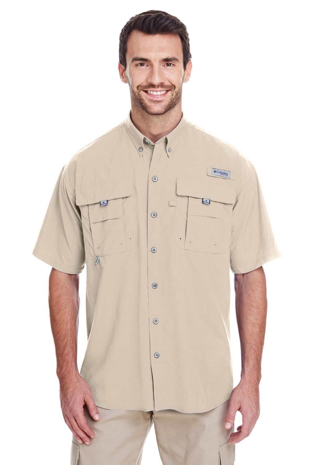 Columbia 7047 Mens Bahama II Moisture Wicking Short Sleeve Button Down Shirt w/ Double Pockets Fossil Brown Front