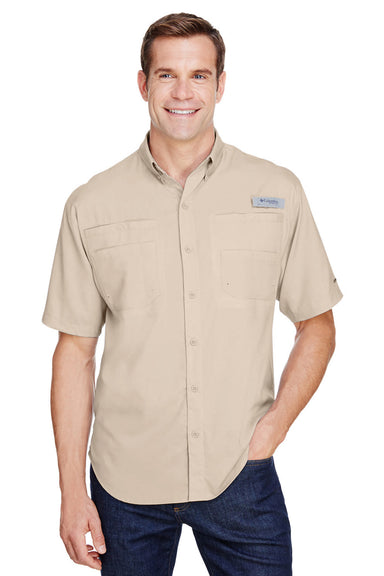 Columbia 7266 Mens Tamiami II Moisture Wicking Short Sleeve Button Down Shirt w/ Double Pockets Fossil Brown Front