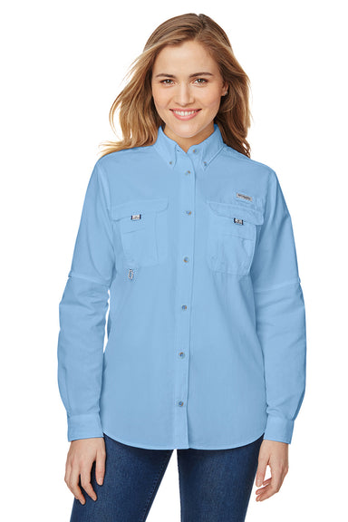 Columbia 7314 Womens Bahama Moisture Wicking Long Sleeve Button Down Shirt w/ Double Pockets White Cap Blue Front