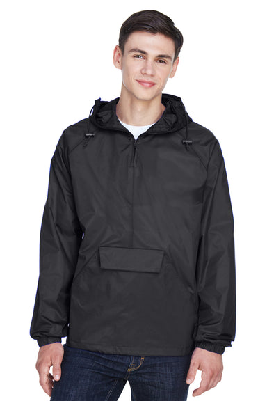 UltraClub 8925 Mens Pack Away Wind & Water Resistant 1/4 Zip Hooded Jacket Black Front