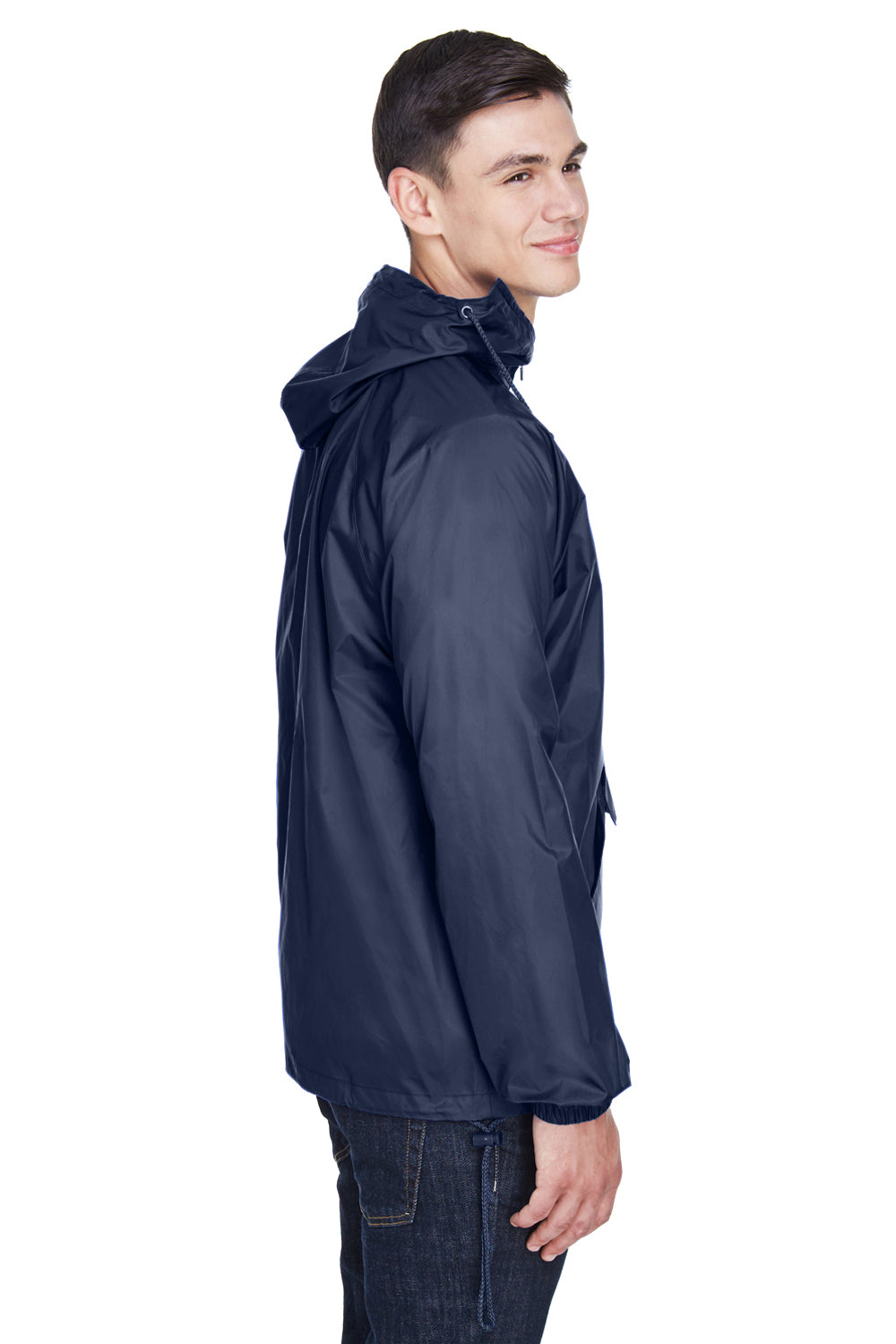 UltraClub 8925 Mens Pack Away Wind & Water Resistant 1/4 Zip Hooded Jacket Navy Blue Side