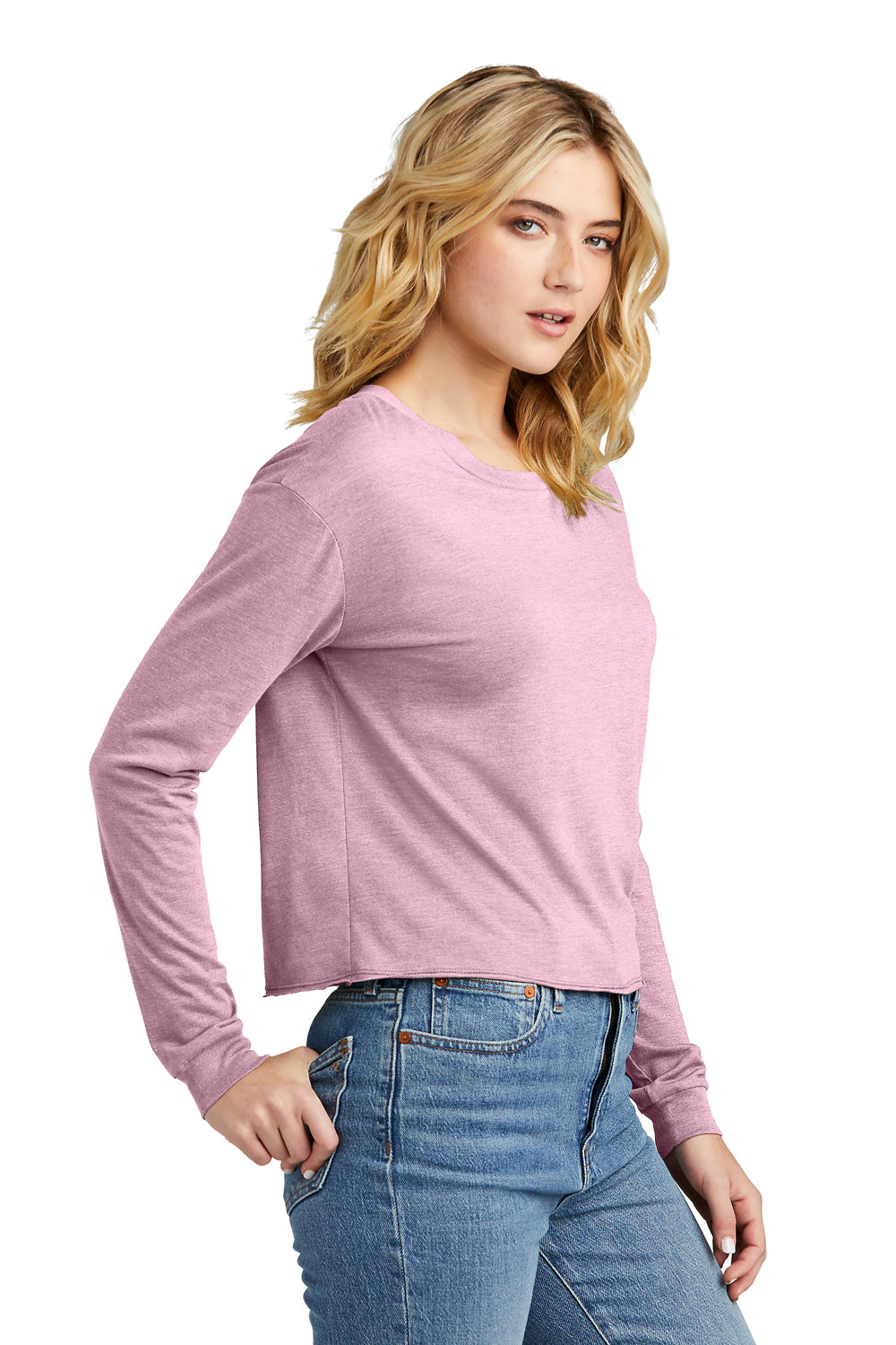 District Womens Perfect Tri Midi Long Sleeve Crewneck T-Shirt Heather Wisteria Pink Side