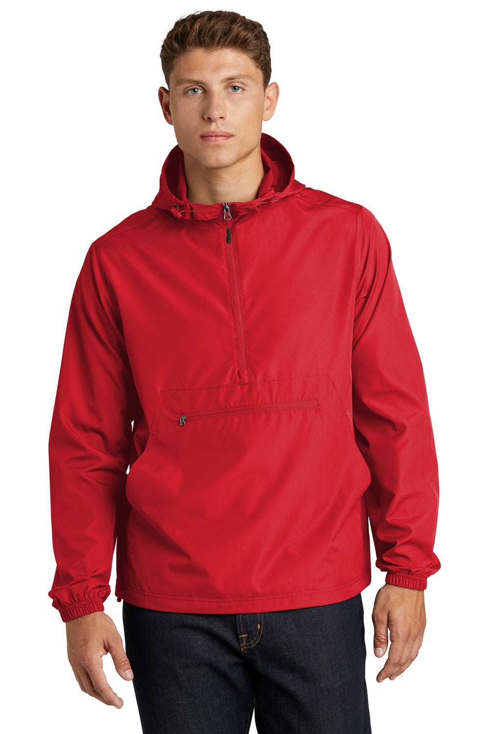 Sport-Tek Mens Packable Anorak Hooded Jacket True Red Front