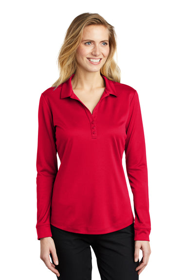 Port Authority Womens Silk Touch Performance Moisture Wicking Long Sleeve Polo Shirt Red Front