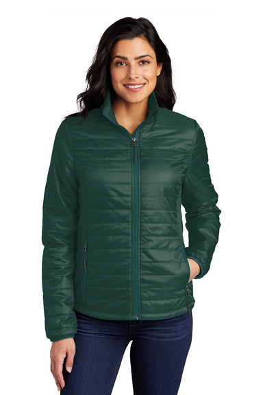 Port Authority Womens Packable Puffy Full Zip Jacket Tree Green/Marine Green Front
