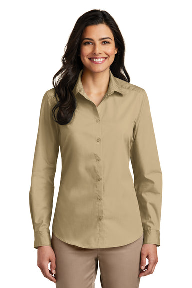 Port Authority LW100 Womens Carefree Stain Resistant Long Sleeve Button Down Shirt Wheat Front