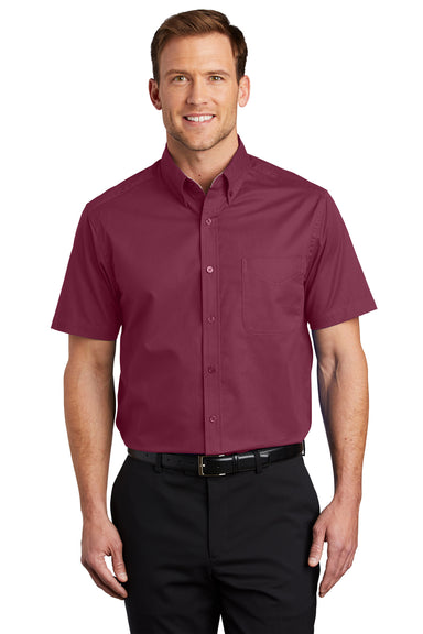 Port Authority S508/TLS508 Mens Easy Care Wrinkle Resistant Short Sleeve Button Down Shirt w/ Pocket Burgundy Front