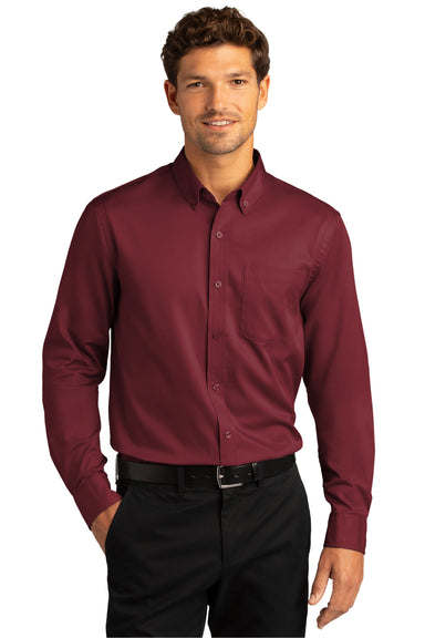 Port Authority Mens SuperPro Wrinkle Resistant React Long Sleeve Button Down Shirt w/ Pocket Burgundy Front