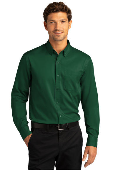 Port Authority Mens SuperPro Wrinkle Resistant React Long Sleeve Button Down Shirt w/ Pocket Dark Green Front