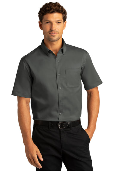 Port Authority Mens SuperPro React Short Sleeve Button Down Shirt w/ Pocket Storm Grey Front