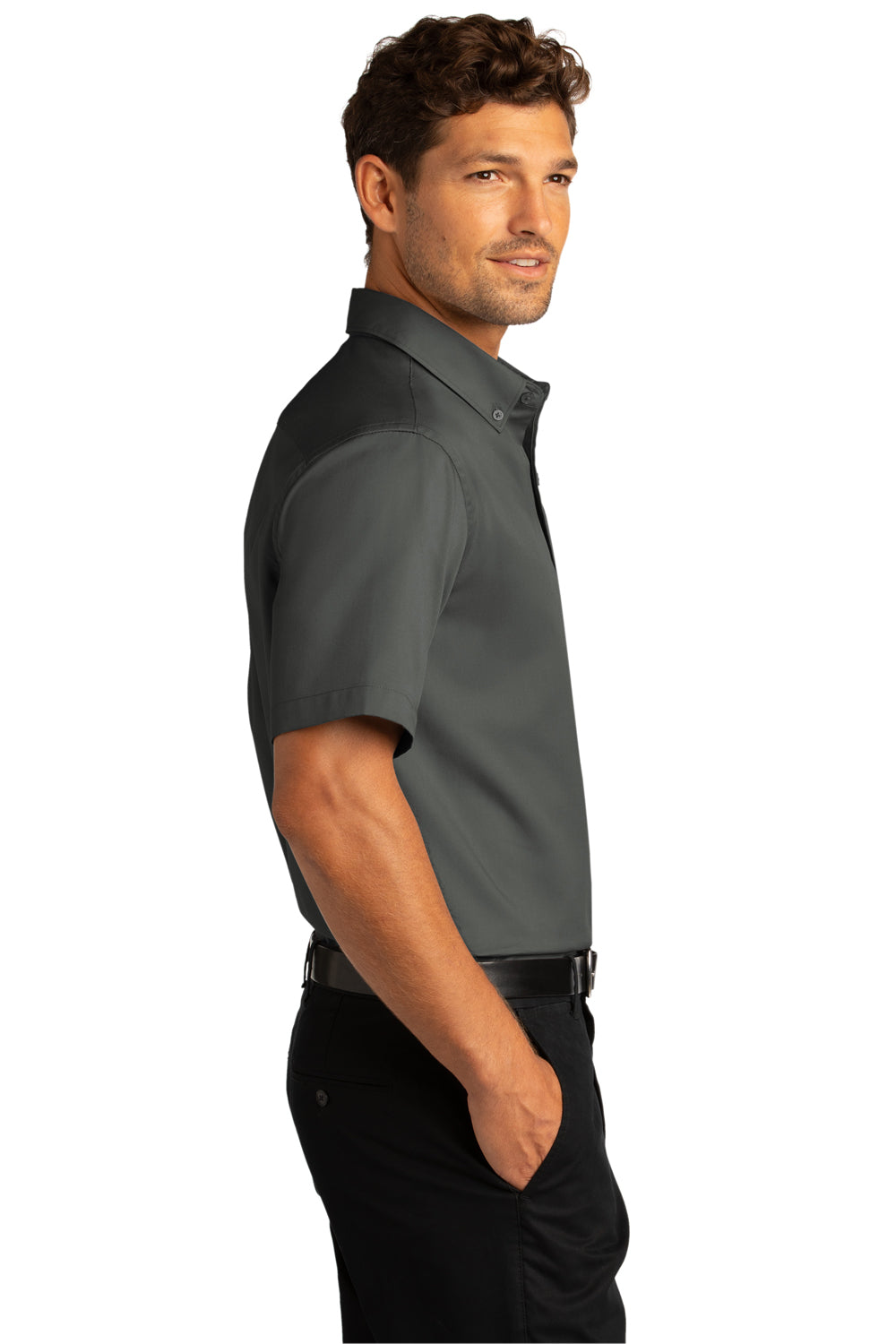 Port Authority Mens SuperPro React Short Sleeve Button Down Shirt w/ Pocket Storm Grey Side
