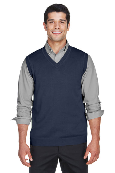 Devon & Jones D477 Mens Wrinkle Resistant V-Neck Sweater Vest Navy Blue Front