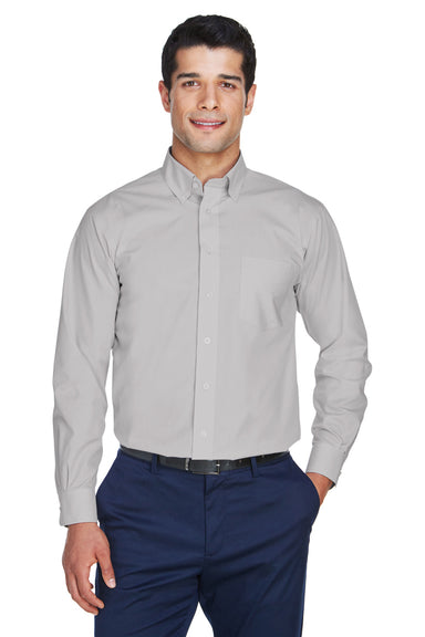 Devon & Jones D620 Mens Crown Woven Collection Wrinkle Resistant Long Sleeve Button Down Shirt w/ Pocket Silver Grey Front