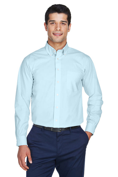 Devon & Jones D620 Mens Crown Woven Collection Wrinkle Resistant Long Sleeve Button Down Shirt w/ Pocket Crystal Blue Front