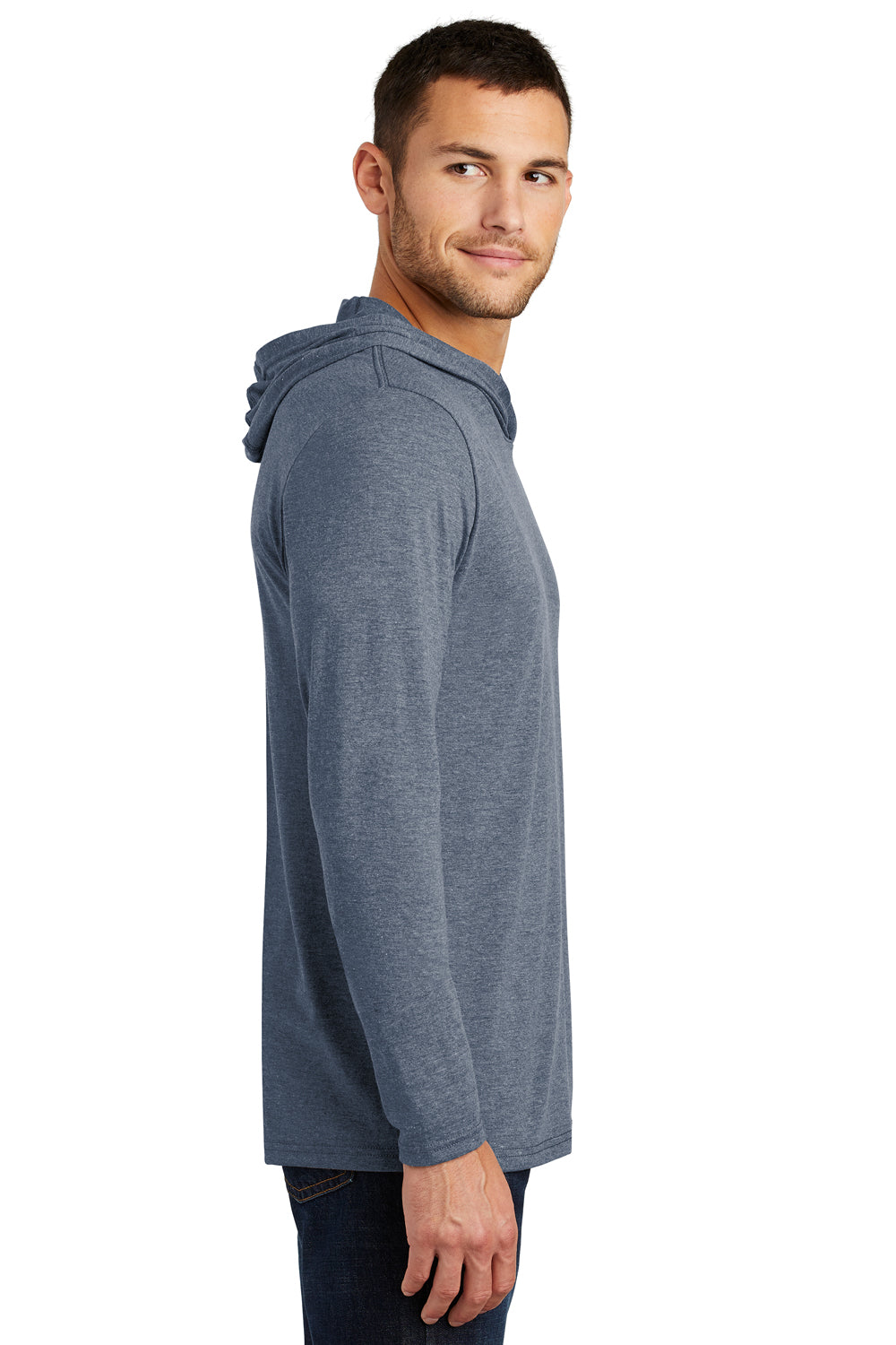 District DM139 Mens Perfect Tri Long Sleeve Hooded T-Shirt Hoodie Navy Blue Frost Side