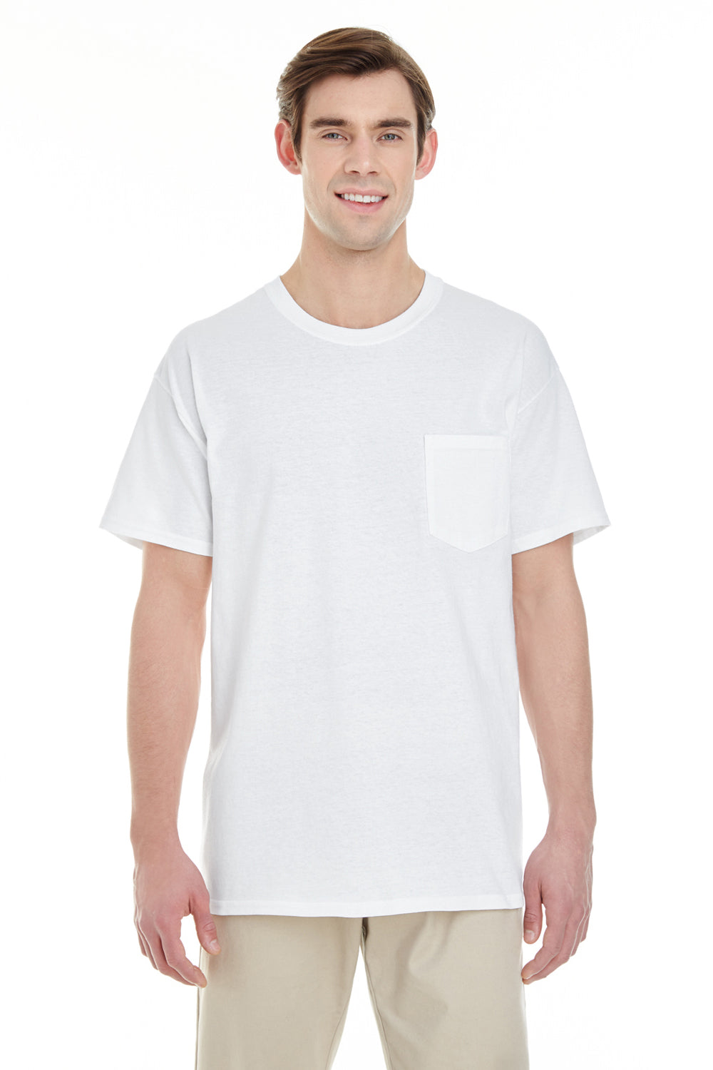 Gildan G530 Mens Short Sleeve Crewneck T-Shirt w/ Pocket White Front