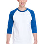 Gildan Mens 3/4 Sleeve Crewneck T-Shirt - White/Royal Blue