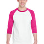 Gildan Mens 3/4 Sleeve Crewneck T-Shirt - White/Heliconia Pink