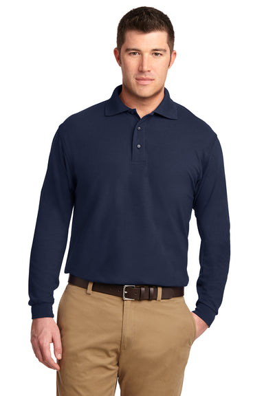 Port Authority K500LS Mens Silk Touch Wrinkle Resistant Long Sleeve Polo Shirt Navy Blue Front