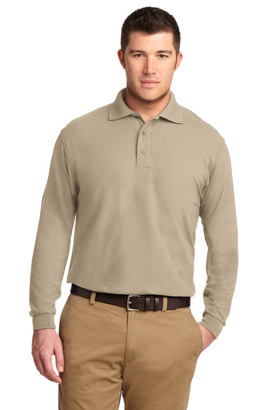 Port Authority K500LS Mens Silk Touch Wrinkle Resistant Long Sleeve Polo Shirt Stone Brown Front