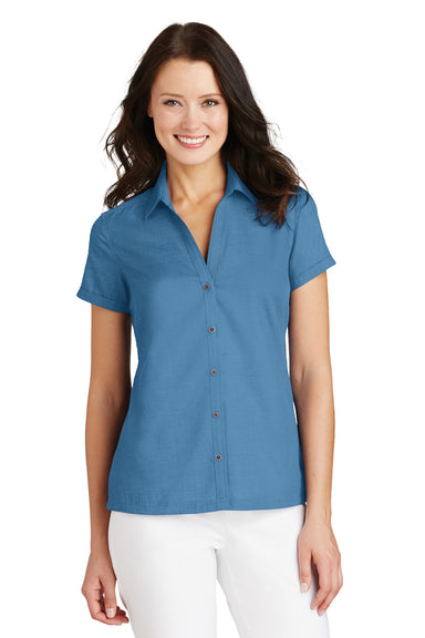 Port Authority L662 Womens Wrinkle Resistant Short Sleeve Button Down Camp Shirt Celadon Blue Front