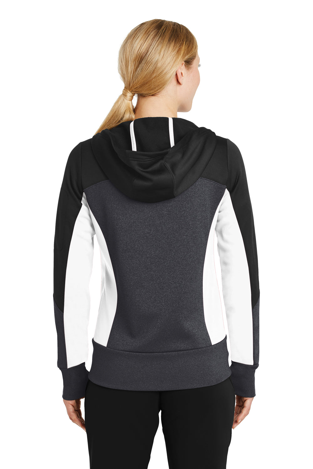 Sport-Tek LST245 Womens Moisture Wicking Full Zip Tech Fleece Hooded Jacket Black/Grey/White Back