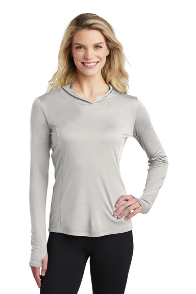Sport-Tek LST358 Womens Competitor Moisture Wicking Long Sleeve Hooded T-Shirt Hoodie Silver Grey Front