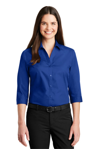 Port Authority LW102 Womens Carefree Stain Resistant 3/4 Sleeve Button Down Shirt Royal Blue Front