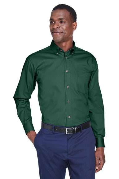 Harriton M500 Mens Wrinkle Resistant Long Sleeve Button Down Shirt w/ Pocket Hunter Green Front