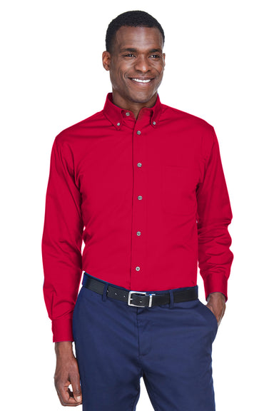 Harriton M500 Mens Wrinkle Resistant Long Sleeve Button Down Shirt w/ Pocket Red Front
