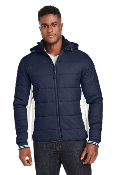 Nautica N17186 Mens Nautical Mile Packable Full Zip Hooded Puffer Jacket Night Navy Blue/Antique White Front