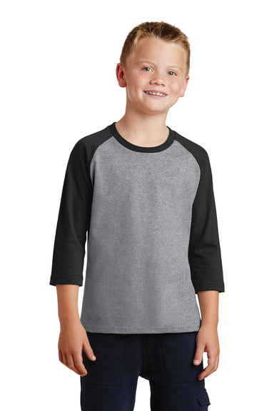 Port & Company PC55YRS Youth Core Moisture Wicking 3/4 Sleeve Crewneck T-Shirt Heather Grey/Black Front