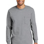 Port & Company Mens Essential Long Sleeve Crewneck T-Shirt w/ Pocket - Heather Grey