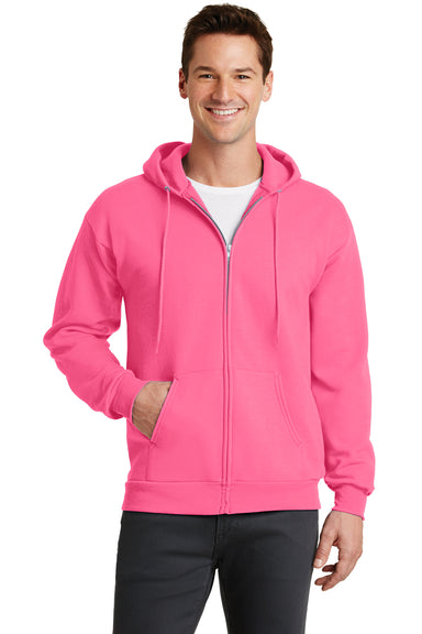 Port & Company PC78ZH Mens Core Fleece Full Zip Hooded Sweatshirt Hoodie Neon Pink Front
