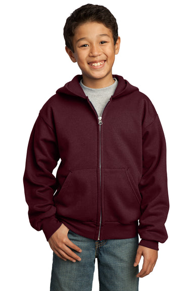 Port & Company PC90YZH Youth Core Fleece Full Zip Hooded Sweatshirt Hoodie Maroon Front