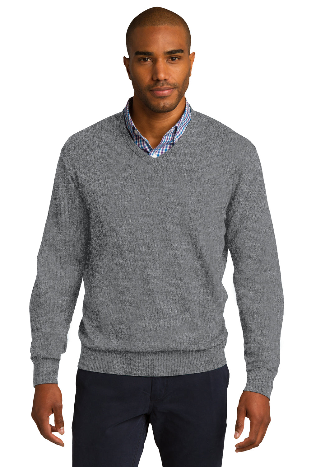 Port Authority SW285 Mens Long Sleeve V-Neck Sweater Heather Medium Grey Front
