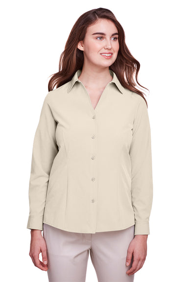UltraClub UC500W Womens Bradley Performance Moisture Wicking Long Sleeve Button Down Shirt Stone Brown Front