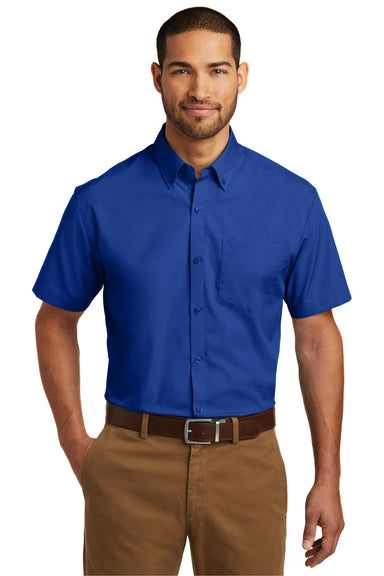 Port Authority W101 Mens Carefree Stain Resistant Short Sleeve Button Down Shirt w/ Pocket Royal Blue Front