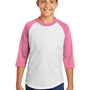 Sport-Tek Youth 3/4 Sleeve Crewneck T-Shirt - White/Bright Pink