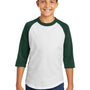 Sport-Tek Youth 3/4 Sleeve Crewneck T-Shirt - White/Forest Green