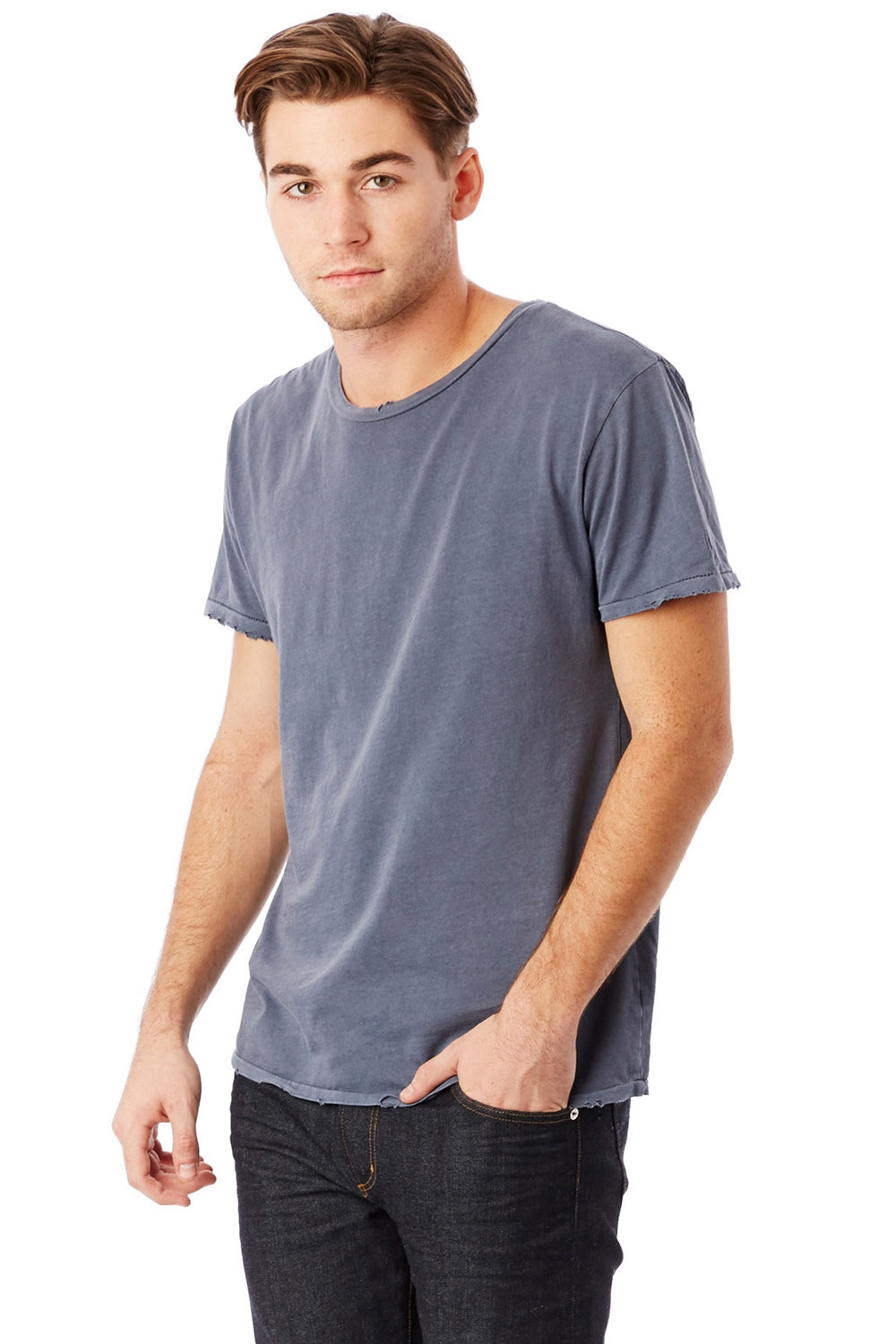 Alternative 04850C1/4850 Mens Heritage Distressed Short Sleeve Crewneck T-Shirt Dark Blue Model Side
