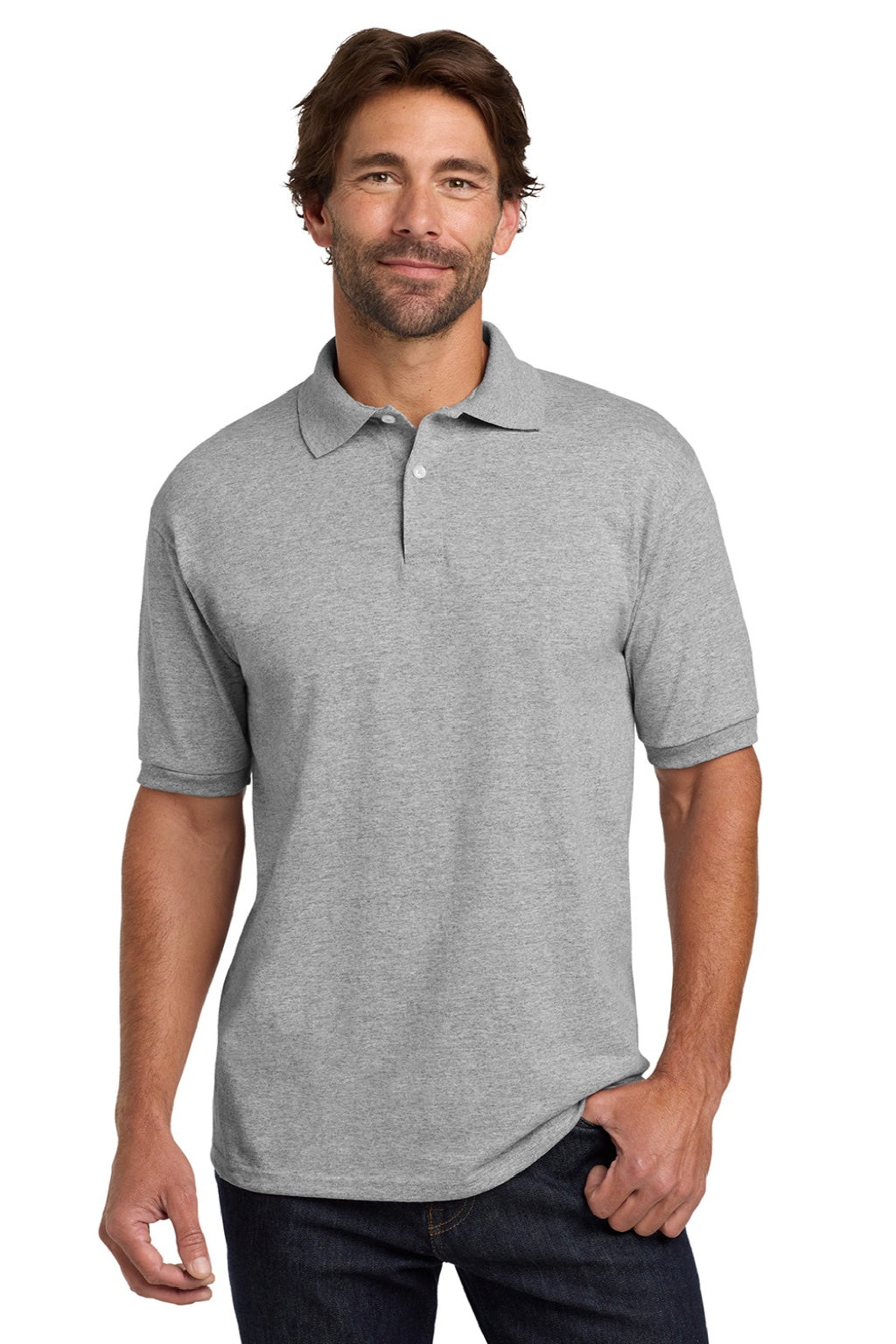 Hanes 054X Mens EcoSmart Short Sleeve Polo Shirt Light Steel Grey Model Front