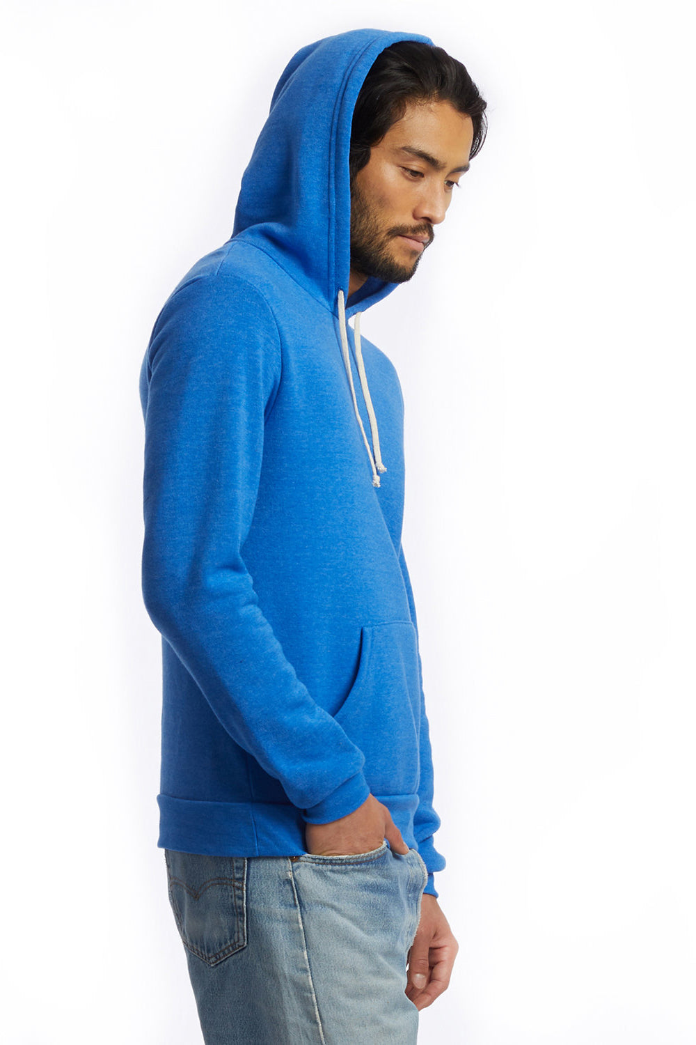 Alternative AA9595/09595F2/9595 Mens Challenger Eco Fleece Hooded Sweatshirt Hoodie Eco True Pacific Blue Model Side