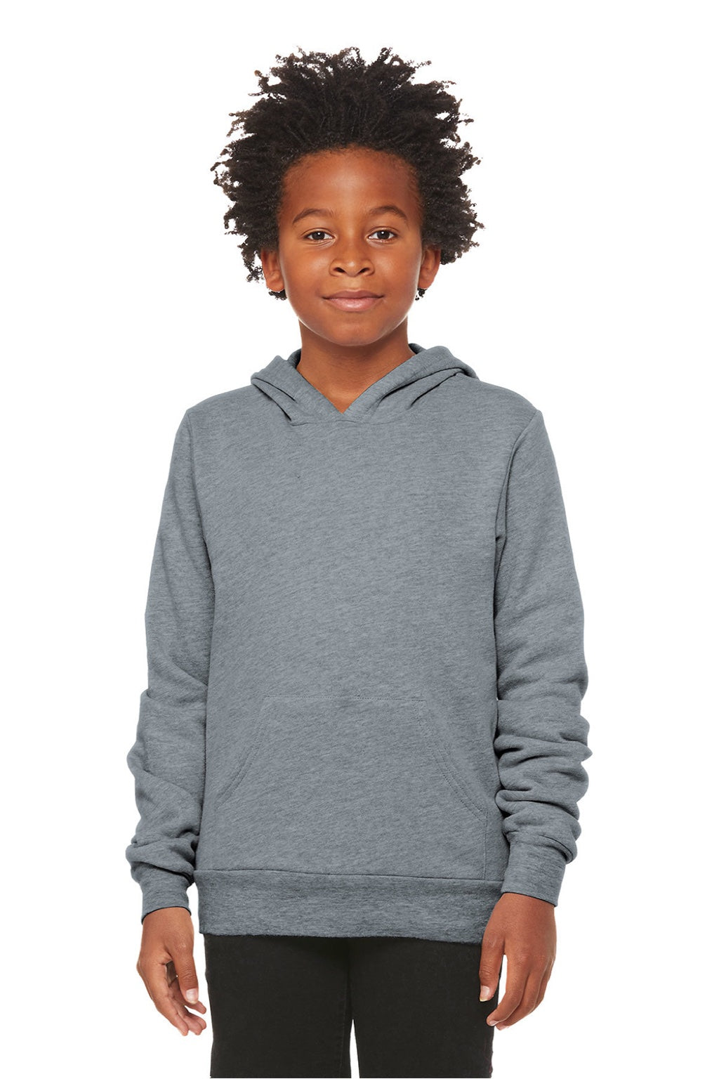 Bella + Canvas BC3719Y/3719Y Youth Sponge Fleece Hooded Sweatshirt Hoodie w/ Pouch Pocket Heather Grey Model Front