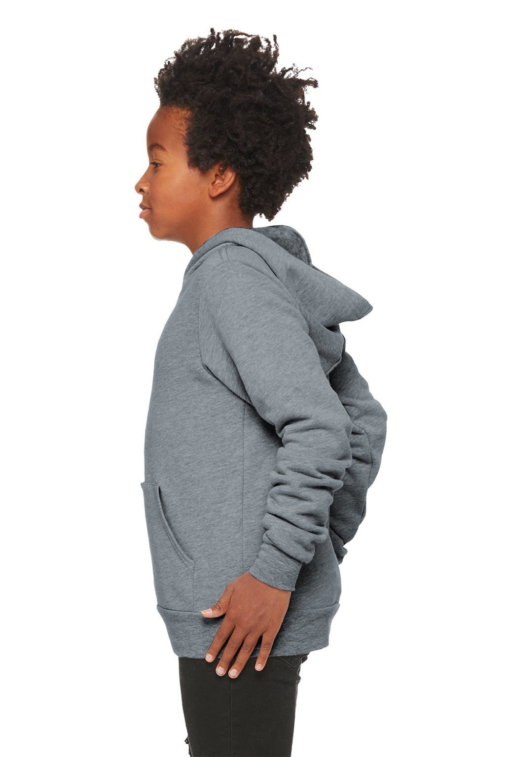 Bella + Canvas BC3719Y/3719Y Youth Sponge Fleece Hooded Sweatshirt Hoodie w/ Pouch Pocket Heather Grey Model Side