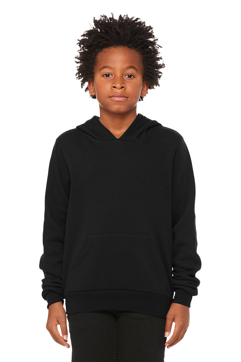 Bella + Canvas 3719Y/BC3719Y Youth Sponge Fleece Hooded Sweatshirt Hoodie Black Model Front