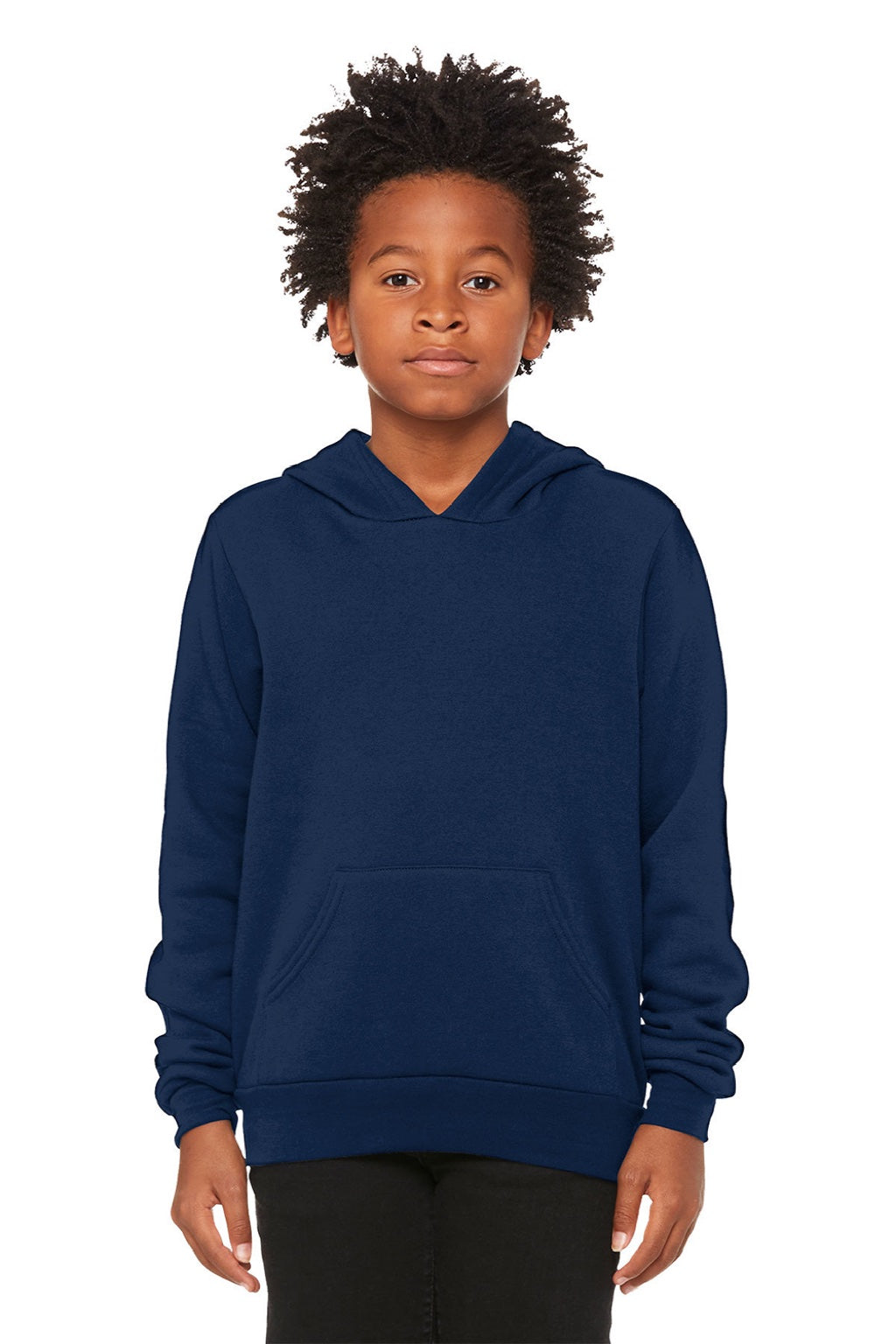 Bella + Canvas BC3719Y/3719Y Youth Sponge Fleece Hooded Sweatshirt Hoodie w/ Pouch Pocket Navy Blue Model Front