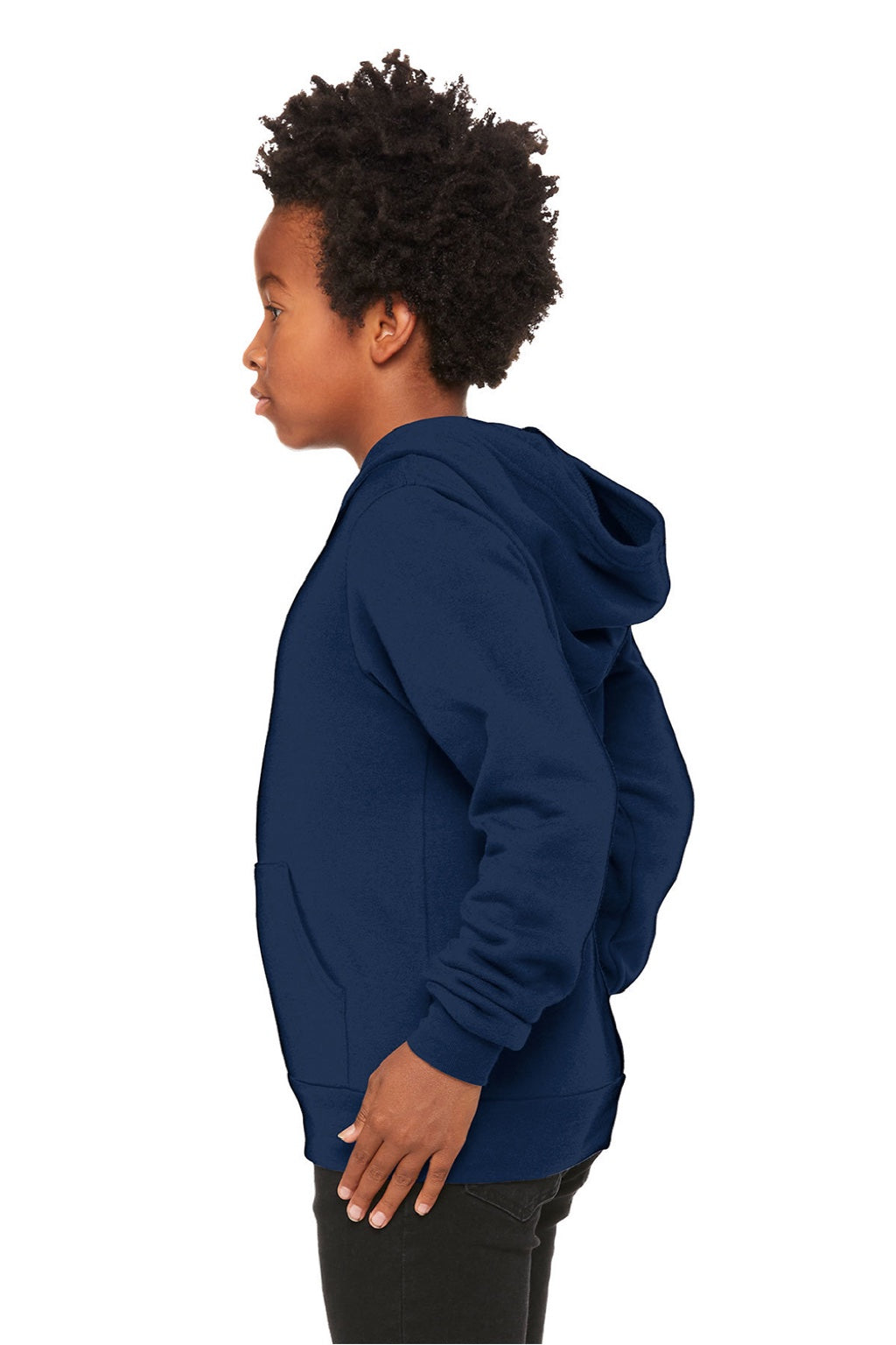 Bella + Canvas BC3719Y/3719Y Youth Sponge Fleece Hooded Sweatshirt Hoodie w/ Pouch Pocket Navy Blue Model Side