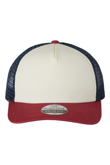 Imperial 1287 Mens North Country Trucker Hat Vanilla/Red Ribbon/Dark Navy Blue Flat Front